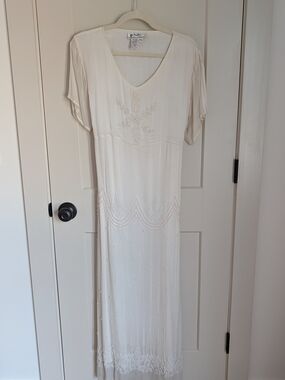 Vintage Cream Embroidered V-Neck Maxi Dress